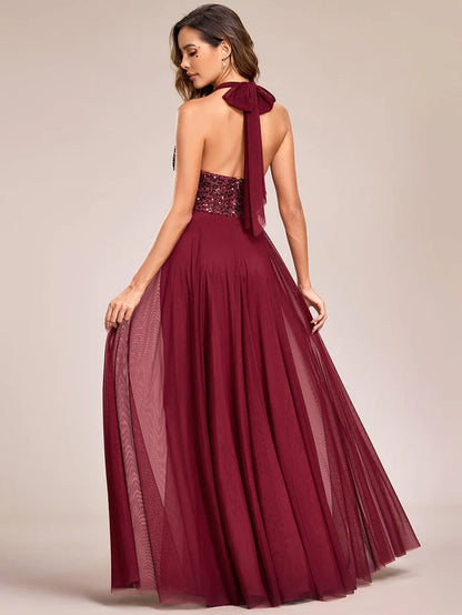 Sequin Halter Neck Top A-Line Backless Evening Dress with Tulle/Prom Dresses