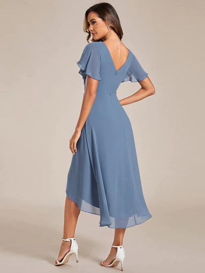 Chic V Neck Asymmetrical Hem Ruffles Sleeve Pleated Chiffon Wedding Guest Dress/Prom  Dresses