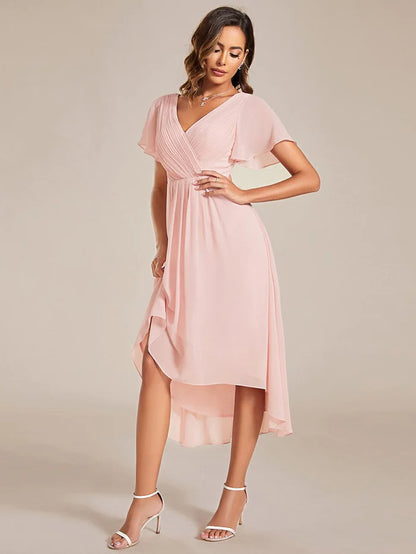 Chic V Neck Asymmetrical Hem Ruffles Sleeve Pleated Chiffon Wedding Guest Dress/Prom  Dresses