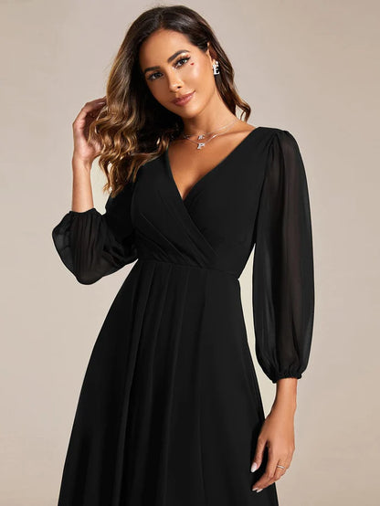 Long Sleeves Asymmetrical Hem A-Line Midi Wedding Guest Dress/Prom  Dresses