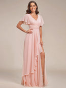 Ruffles Sleeve High Slit with Louts Leaf Chiffon Evening Dress/Prom Dresses