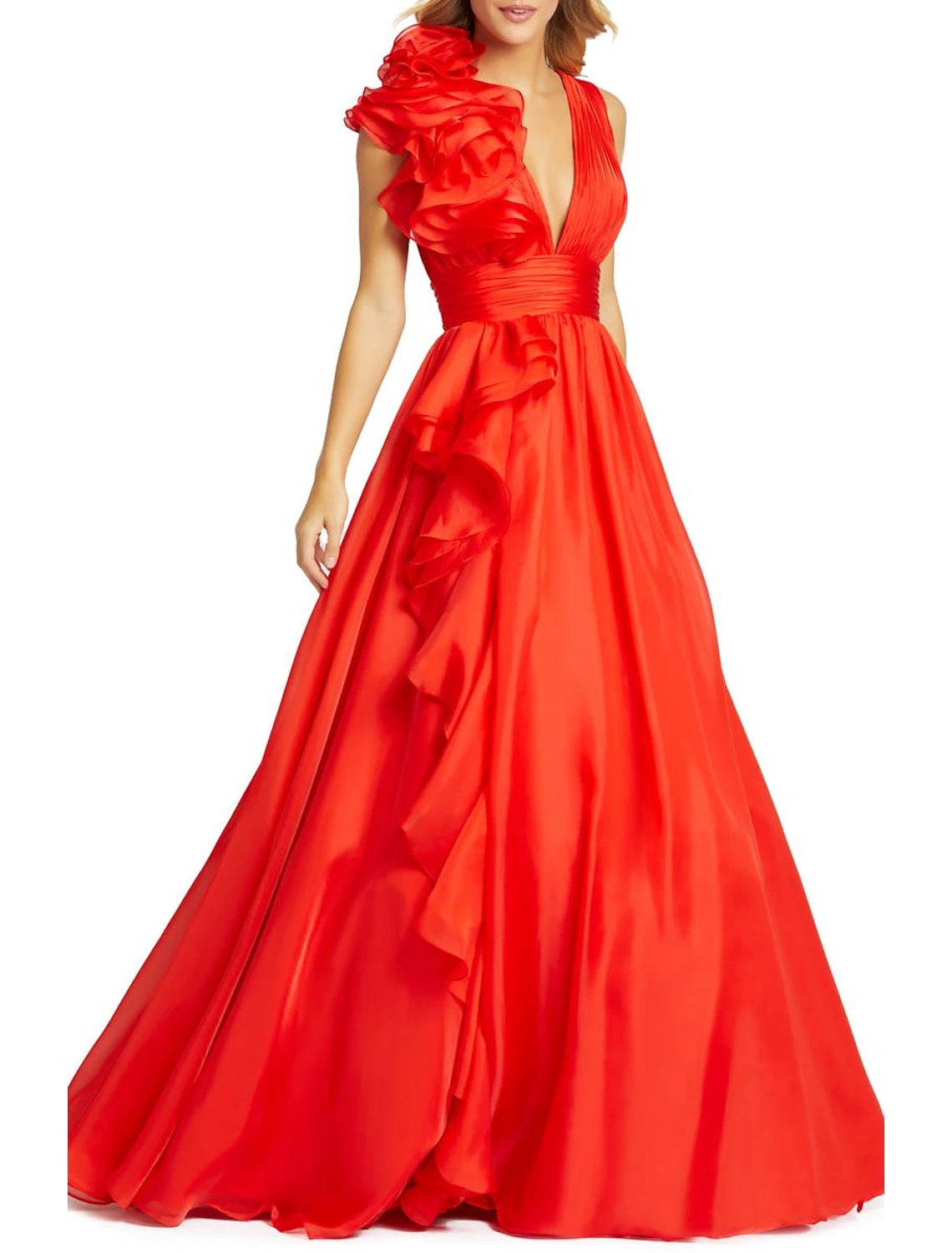 A-Line Evening Gown Celebrity Style Dress Red Green Dress Formal Wedding Guest Floor Length Sleeveless V Neck Chiffon with Slit Pure Color