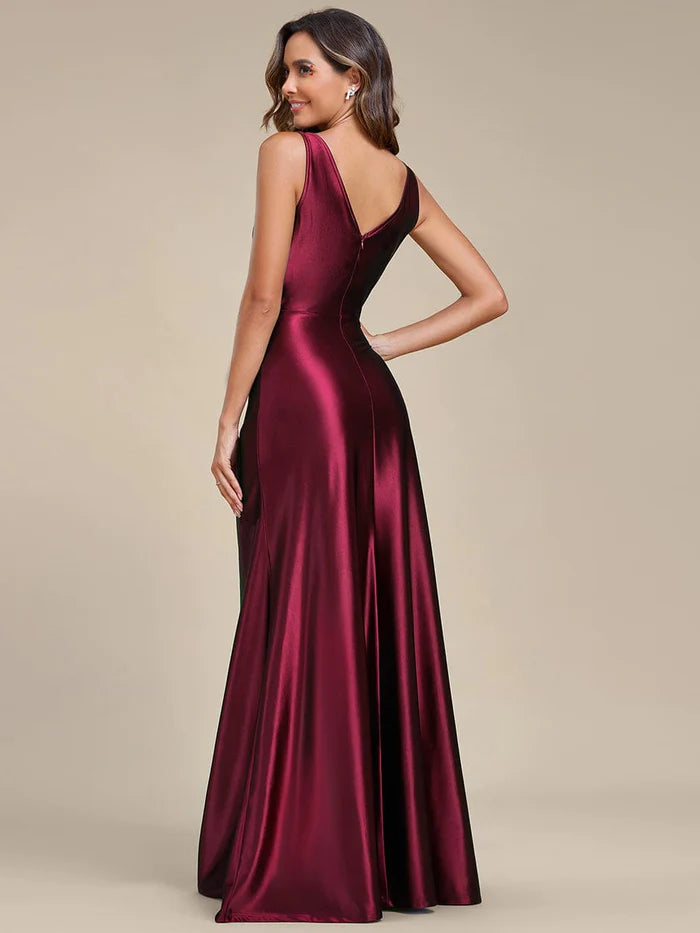 Deep V-Neck Stylish Waist Pleated High Slit Satin Evening Dress/Prom  Dresses