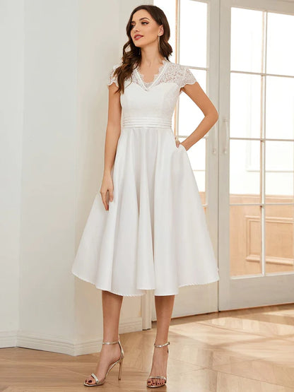 Romantic V-neck Lace Bodice Wedding Guest Dress with Pockets