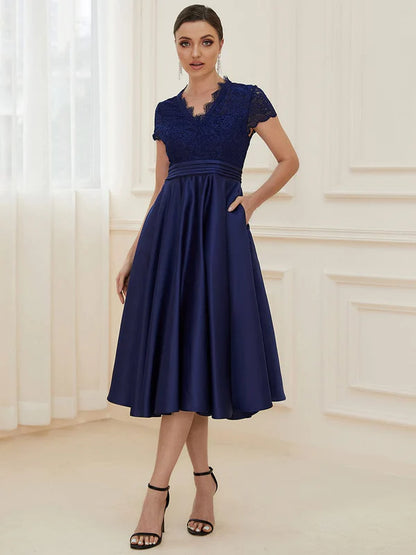 Romantic V-neck Lace Bodice Wedding Guest Dress with Pockets