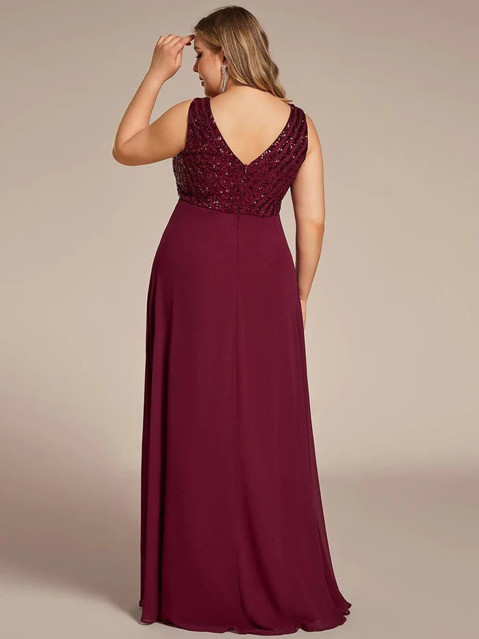 Plus Size Sequin Sleeveless Double V-Neck Formal Evening Dress/Prom Dresses