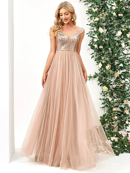 A-line Sequin Off the Shoulder Maxi Tulle Formal Evening Dress