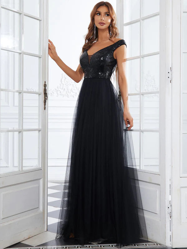 A-line Sequin Off the Shoulder Maxi Tulle Formal Evening Dress