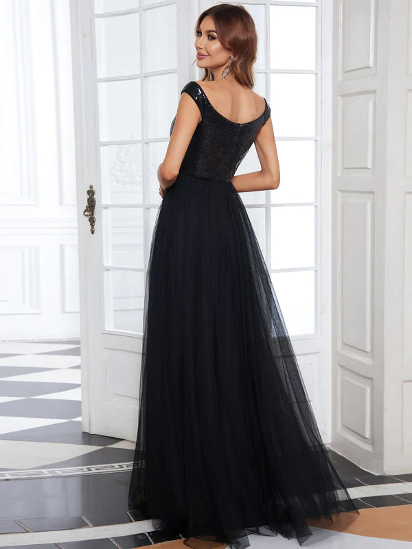 A-line Sequin Off the Shoulder Maxi Tulle Formal Evening Dress