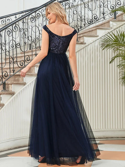 A-line Sequin Off the Shoulder Maxi Tulle Formal Evening Dress