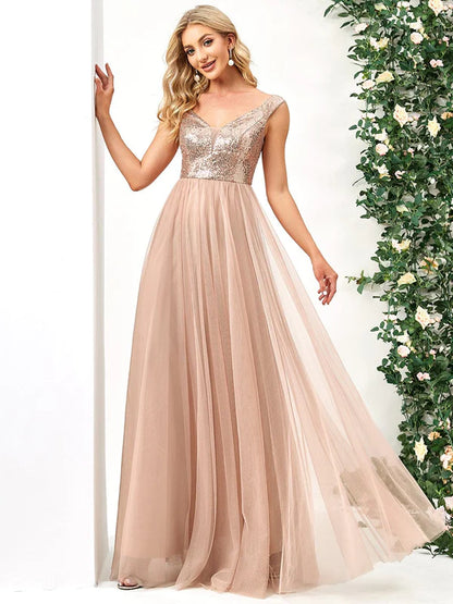 A-line Sequin Off the Shoulder Maxi Tulle Formal Evening Dress