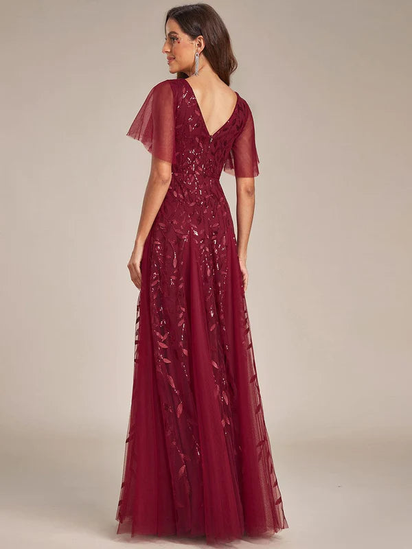 Shimmery V Neck Ruffle Sleeves Sequin Maxi Long Evening Dress