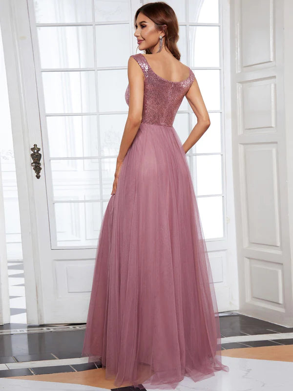 A-line Sequin Off the Shoulder Maxi Tulle Formal Evening Dress