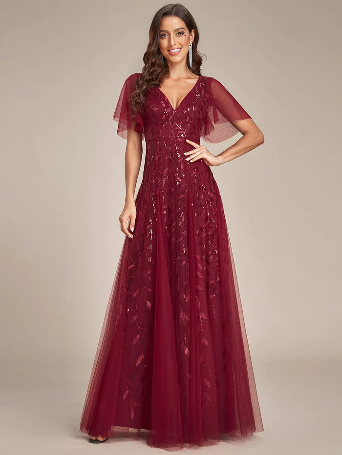 Shimmery V Neck Ruffle Sleeves Sequin Maxi Long Evening Dress/Prom Dresses