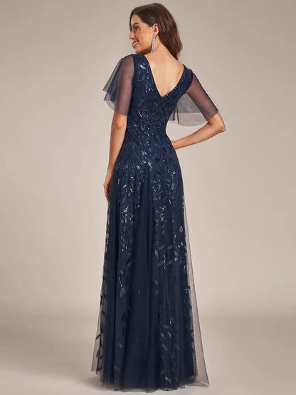 Shimmery V Neck Ruffle Sleeves Sequin Maxi Long Evening Dress/Prom Dresses