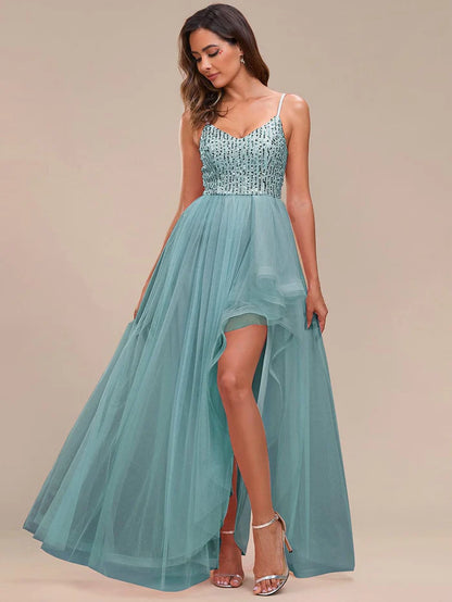 Spaghetti Strap Sequin Top A-Line High Low Tulle Evening Dress/Prom Dresses