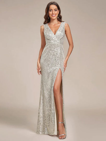 Shiny Sleeveless Sequin Deep V-Neck High Slit Evening Dress/Prom Dresses