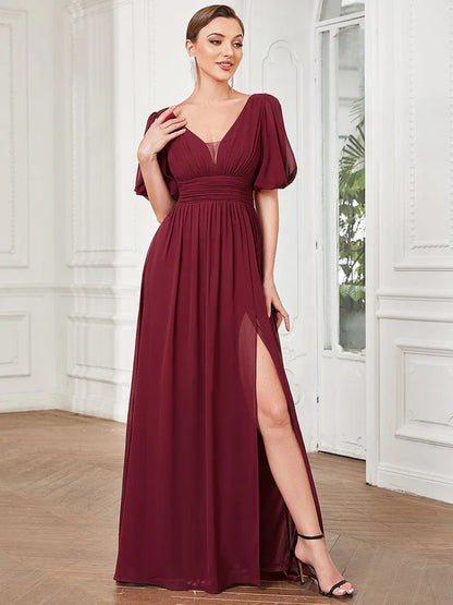 Chiffon Illusion V-Neck Flutter Sleeve Front Slit Evening Dress