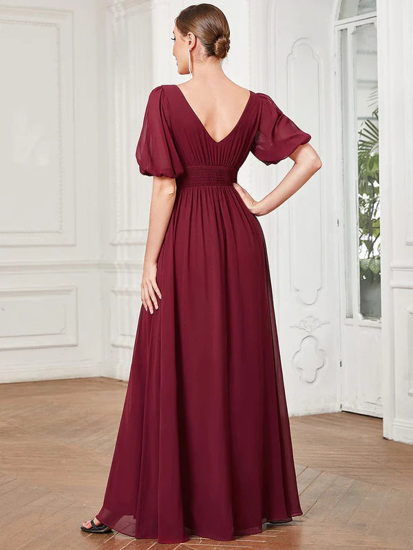 Chiffon Illusion V-Neck Flutter Sleeve Front Slit Evening Dress