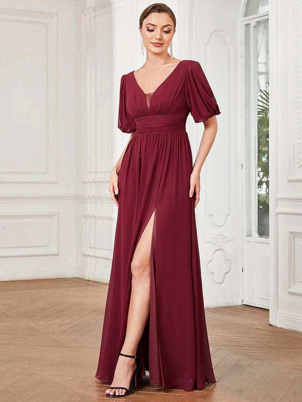 Chiffon Illusion V-Neck Flutter Sleeve Front Slit Evening Dress