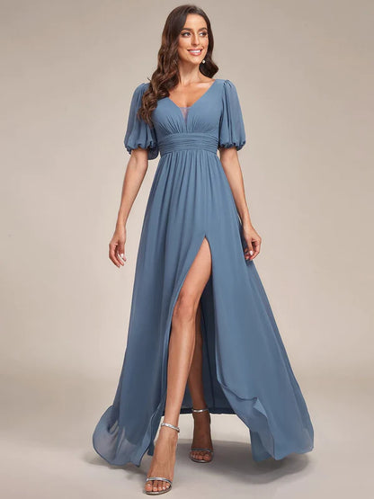 Chiffon Illusion V-Neck Flutter Sleeve Front Slit Evening Dress