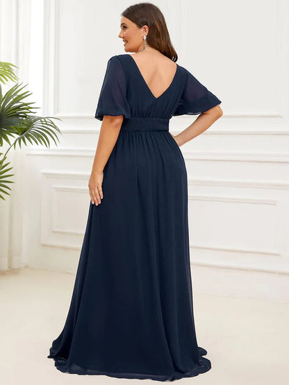 Plus Size V-Neck Front Slit Chiffon Evening Dress