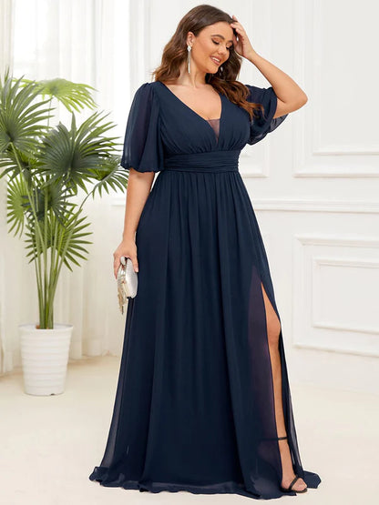 Plus Size V-Neck Front Slit Chiffon Evening Dress