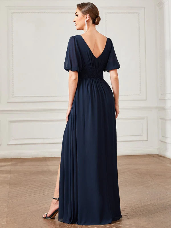 Chiffon Illusion V-Neck Flutter Sleeve Front Slit Evening Dress