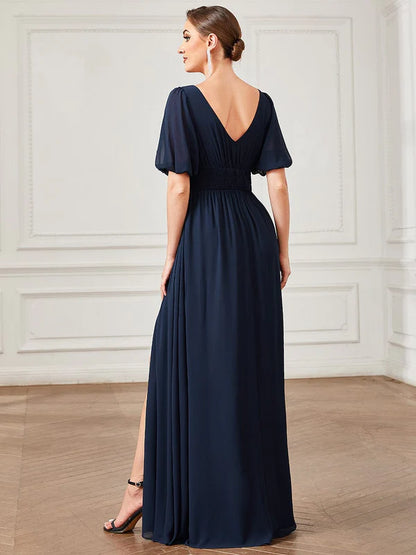 Chiffon Illusion V-Neck Flutter Sleeve Front Slit Evening Dress