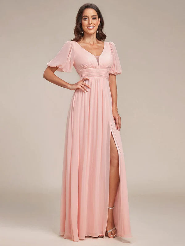 Chiffon Illusion V-Neck Flutter Sleeve Front Slit Evening Dress