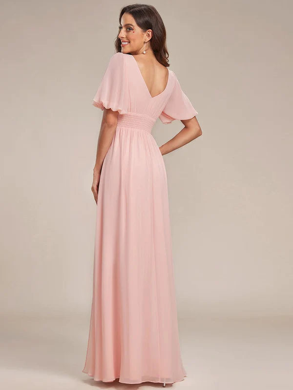 Chiffon Illusion V-Neck Flutter Sleeve Front Slit Evening Dress