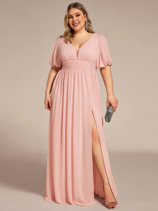 Plus Size V-Neck Front Slit Chiffon Evening Dress