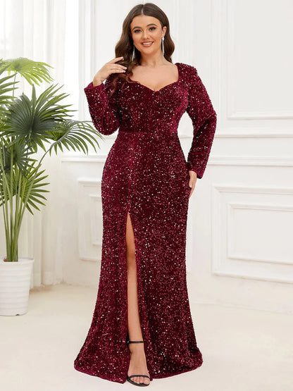 Plus Size Long Sleeve Sequin Front Slit Bodycon Evening Dress