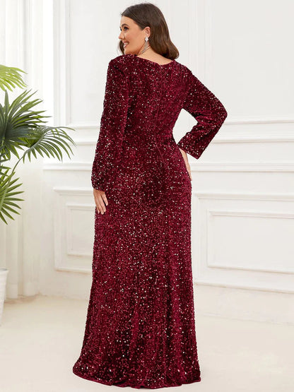 Plus Size Long Sleeve Sequin Front Slit Bodycon Evening Dress