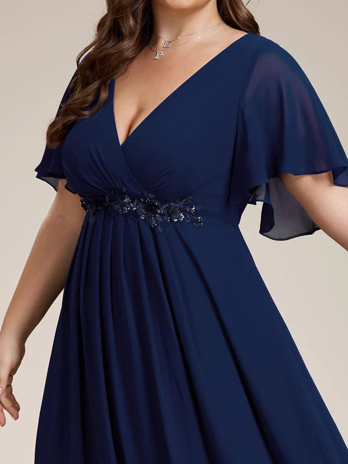 Plus Size Floral Applique Short Sleeve A-Line Chiffon Evening Dress/Prom Dresses