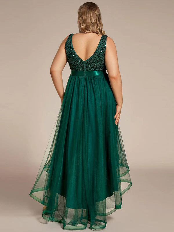 Plus Size Sleeveless Sequin Ribbon Waist Tulle High Low Evening Dress