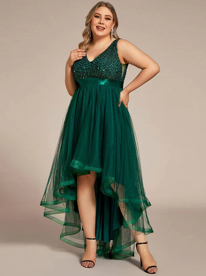 Plus Size Sleeveless Sequin Ribbon Waist Tulle High Low Evening Dress