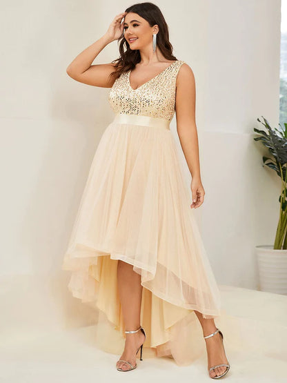 Plus Size Sleeveless Sequin Ribbon Waist Tulle High Low Evening Dress