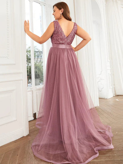 Plus Size Sleeveless Sequin Ribbon Waist Tulle High Low Evening Dress