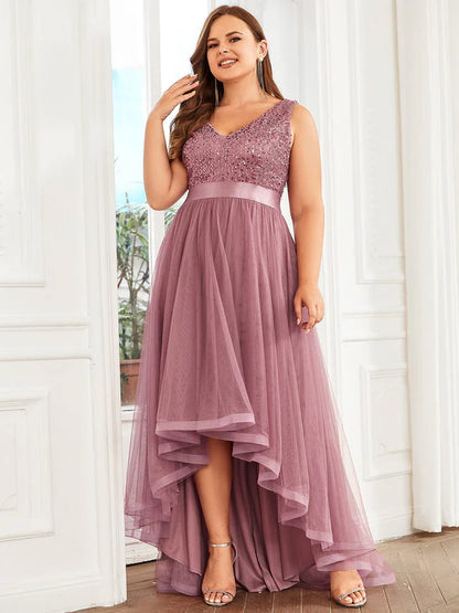 Plus Size Sleeveless Sequin Ribbon Waist Tulle High Low Evening Dress