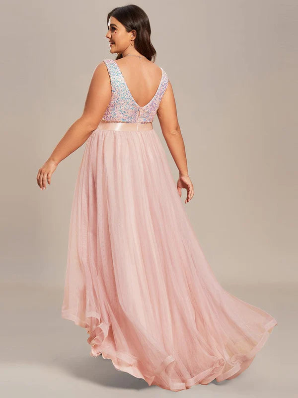 Plus Size Sleeveless Sequin Ribbon Waist Tulle High Low Evening Dress