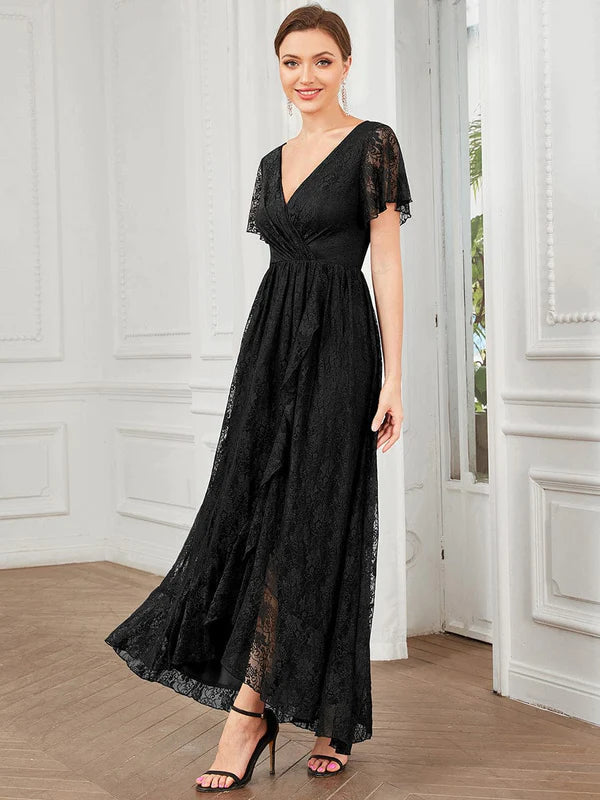 Pleated V-Neck Short Sleeve Ruffled Lace Evening Dress