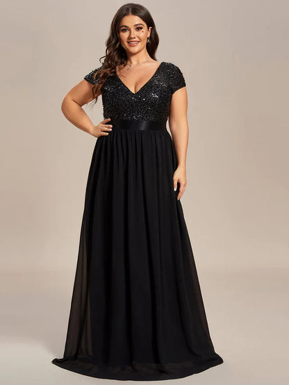 Plus Size Empire Waist V-Neck Cap Sleeve Chiffon Formal Evening Dress