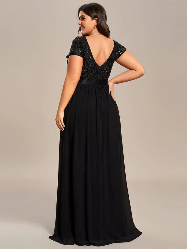 Plus Size Empire Waist V-Neck Cap Sleeve Chiffon Formal Evening Dress