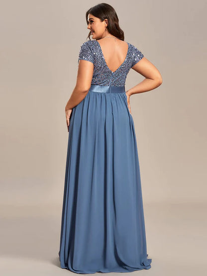 Plus Size Empire Waist V-Neck Cap Sleeve Chiffon Formal Evening Dress