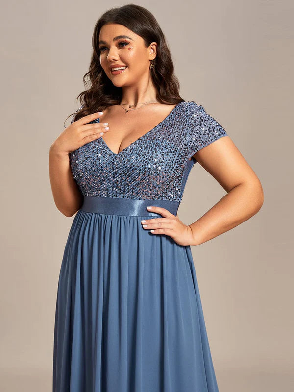 Plus Size Empire Waist V-Neck Cap Sleeve Chiffon Formal Evening Dress