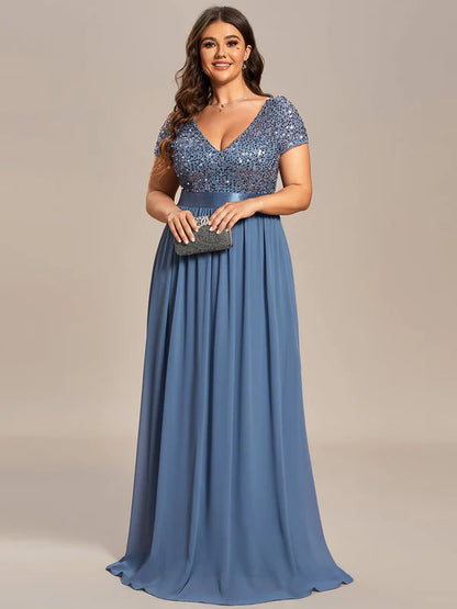 Plus Size Empire Waist V-Neck Cap Sleeve Chiffon Formal Evening Dress