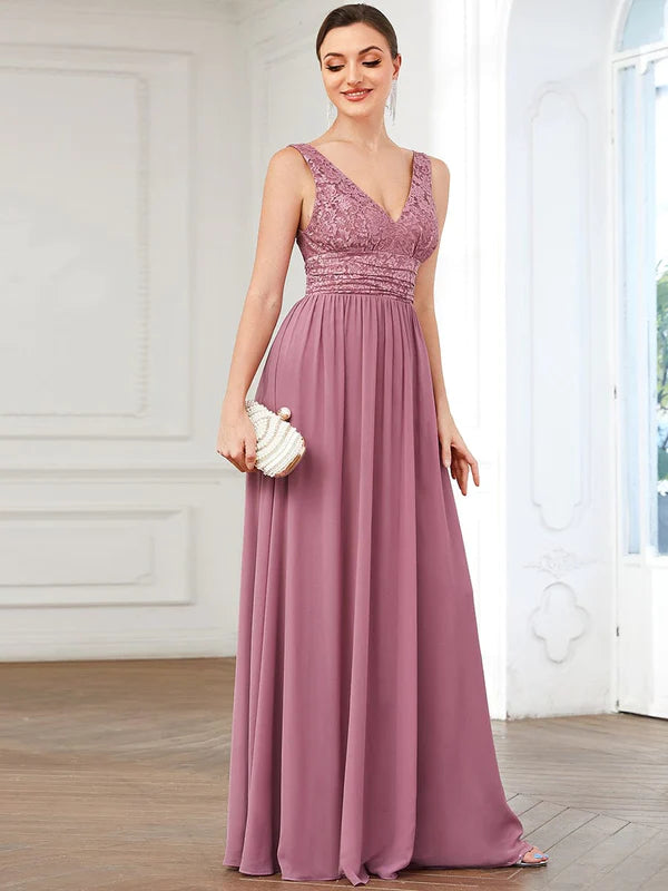 Lace Empire Waist V-Back Sleeveless Chiffon Evening Dress