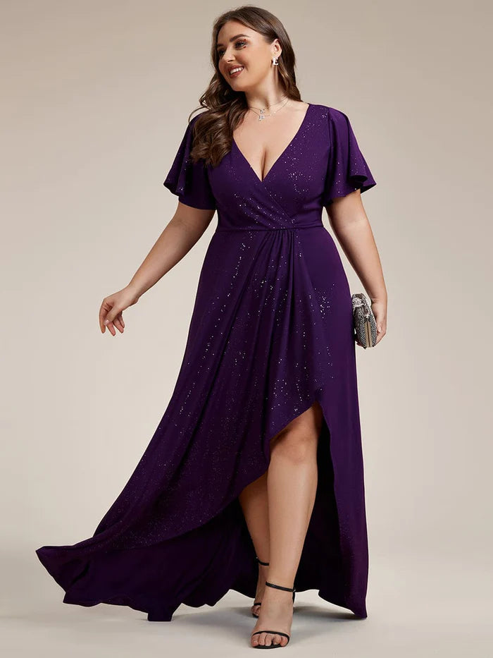 Plus Size Glitter Ruffled High-Low Front Slit Evening Dress/Prom  Dresses