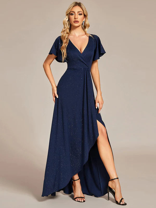 Glitter High-Low Front Side Slit Ruffled V-Neck Evening Dress